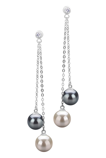 Dolly Black and White 7-8mm AAAA Quality Freshwater 925 Sterling Silver Cultured Pearl Earring Pair