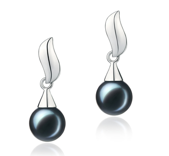 Edith Black 7-8mm AA Quality Japanese Akoya 925 Sterling Silver Cultured Pearl Earring Pair