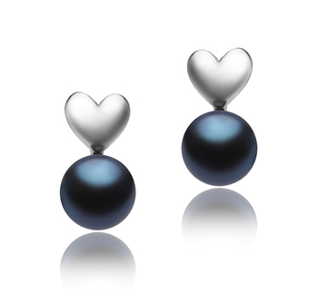 Heart Black 8-9mm AAA Quality Freshwater 925 Sterling Silver Cultured Pearl Earring Pair