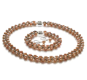 6-7mm A Quality Freshwater Cultured Pearl Set in Weave Pink 6-7mm A Quality Freshwater Cultured Pearl Set in Weave Pink