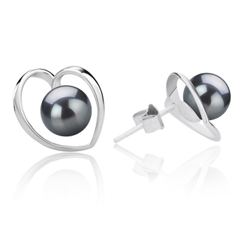 Winna-Heart Black 6-7mm AAAA Quality Freshwater 925 Sterling Silver Cultured Pearl Earring Pair